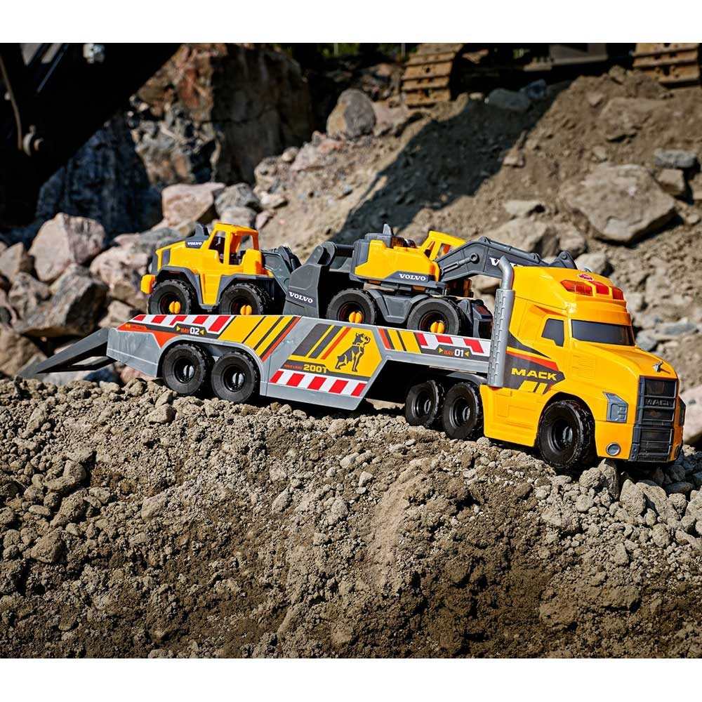 Camion Dickie Toys Mack Volvo Heavy Loader Truck cu remorca, buldozer si camion basculant image 4