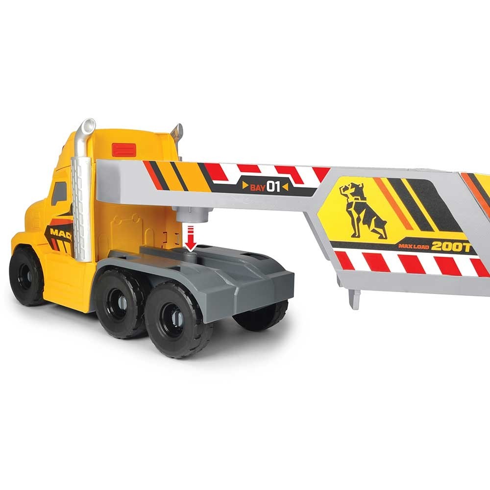 Camion Dickie Toys Mack Volvo Heavy Loader Truck cu remorca, buldozer si camion basculant image 14