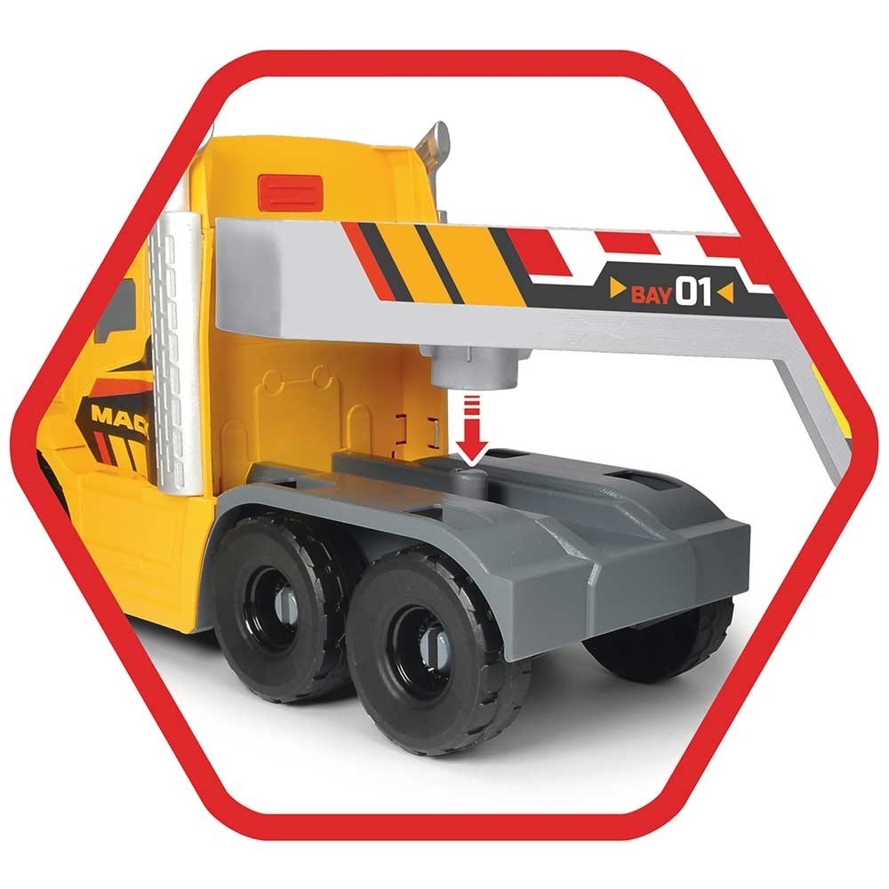 Camion Dickie Toys Mack Volvo Heavy Loader Truck cu remorca, buldozer si camion basculant image 21