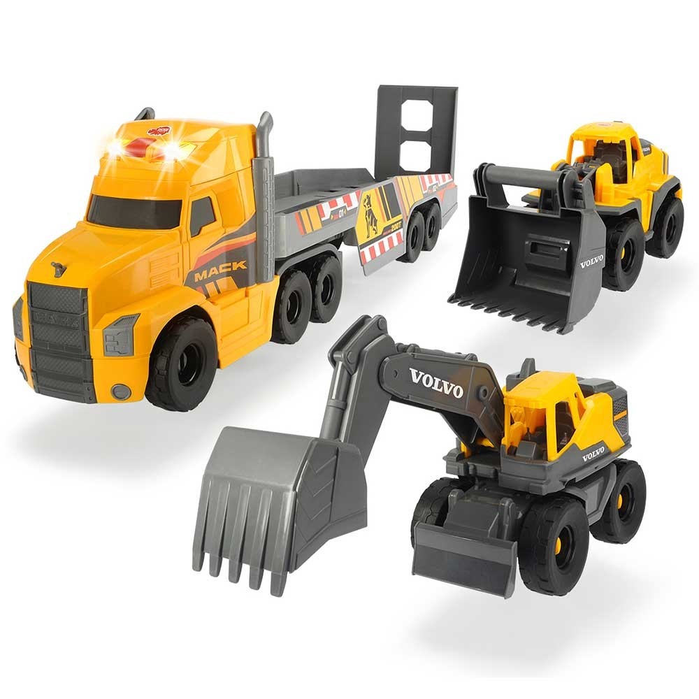 Camion Dickie Toys Mack Volvo Heavy Loader Truck cu remorca, buldozer si camion basculant image 25