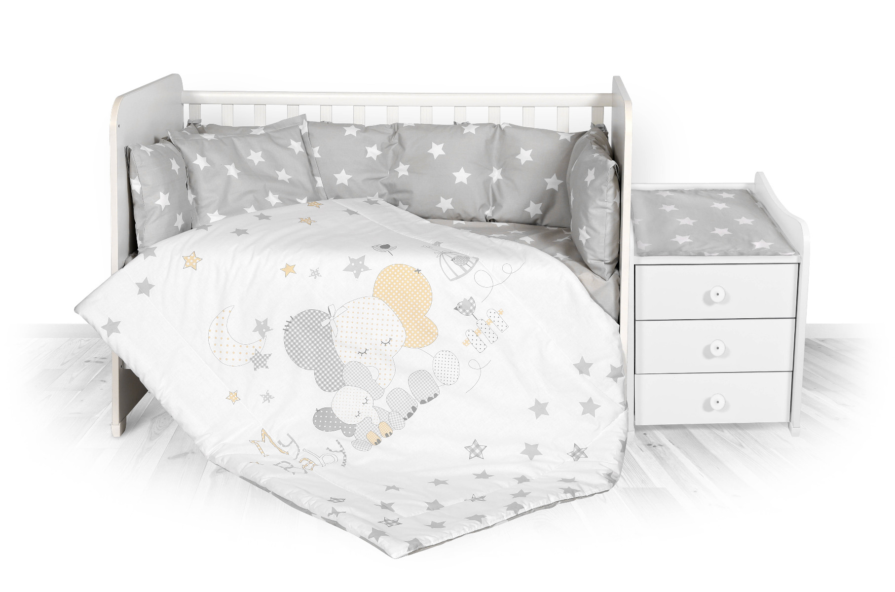 Set lenjerie pat 8 piese, bumbac ranforce, Trend, Grey Elephant Stars