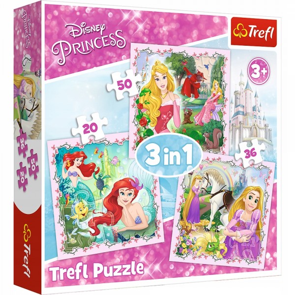 Set puzzle 3 in 1 Trefl Disney Princess Rapunzel, Printesele Aurora si Ariel, 1x20 piese, 1x36 piese, 1x50 piese