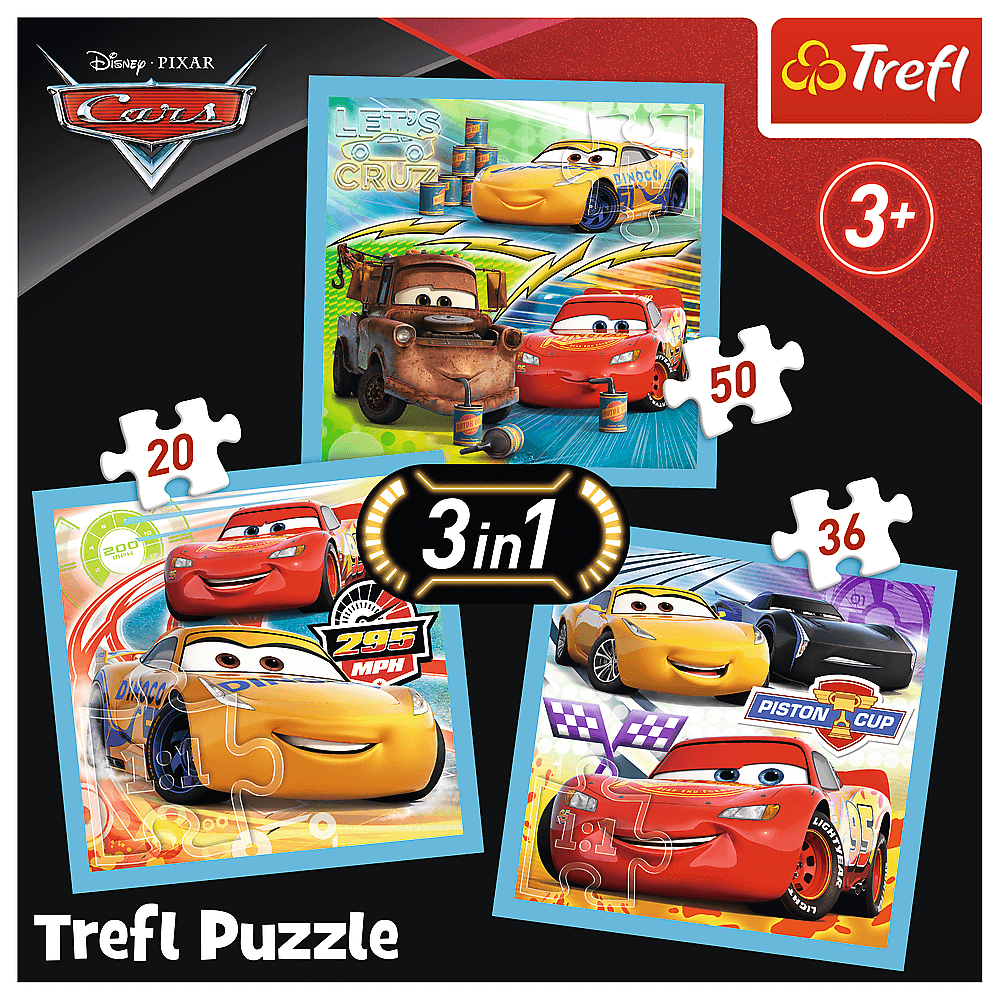 Set puzzle 3 in 1 Trefl Disney Cars, Pregatiri pentru cursa, 1x20 piese, 1x36 piese, 1x50 piese image 1