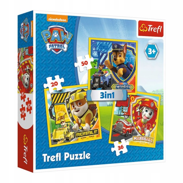 Set puzzle 3 in 1 Trefl Paw Patrol, Marshall Rubble si Chase, 1x20 piese, 1x36 piese, 1x50 piese