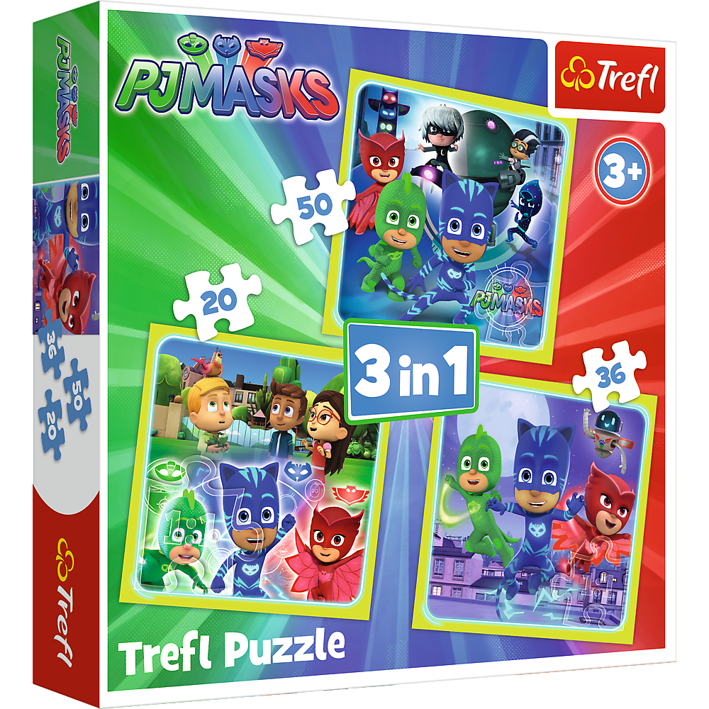 Set puzzle 3 in 1 Trefl Eroi in Pijama, Gata de actiune, 1x20 piese, 1x36 piese, 1x50 piese