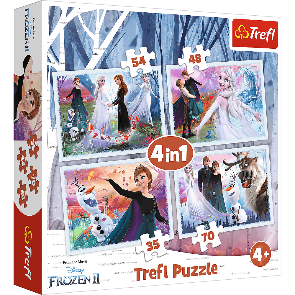 Set puzzle 4 in 1 Trefl Disney Frozen 2, In padurea magica, 1x35 piese, 1x48 piese, 1x54 piese, 1x70 piese