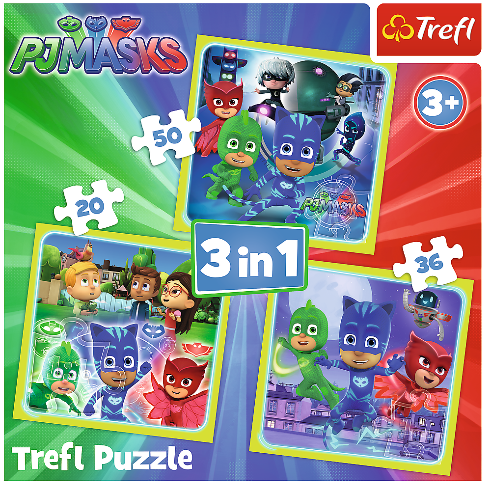 Set puzzle 3 in 1 Trefl Eroi in Pijama, Gata de actiune, 1x20 piese, 1x36 piese, 1x50 piese image 4