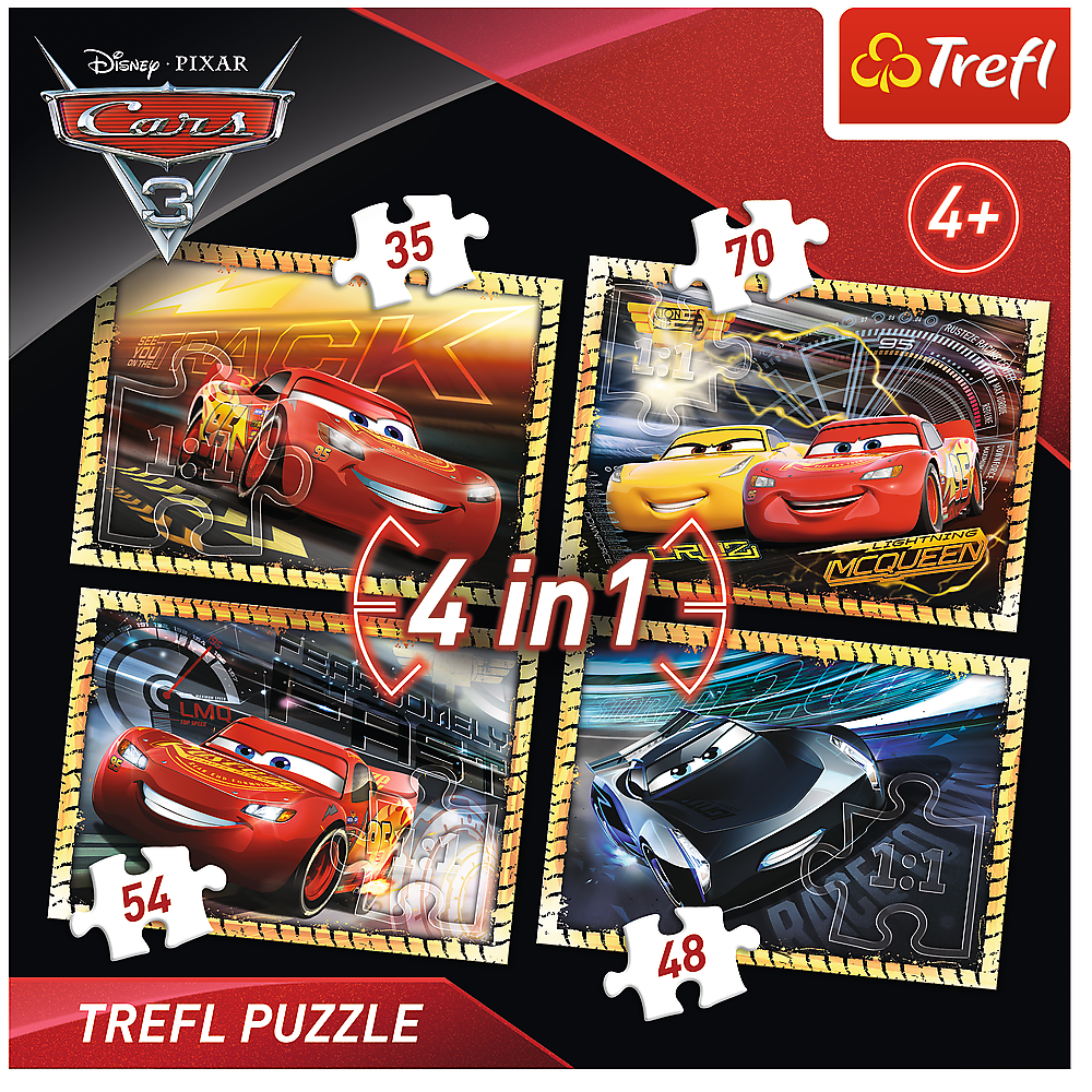 Set puzzle 4 in 1 Trefl Disney Cars, Gata de cursa 1x35 piese, 1x48 piese, 1x54 piese, 1x70 piese image 1