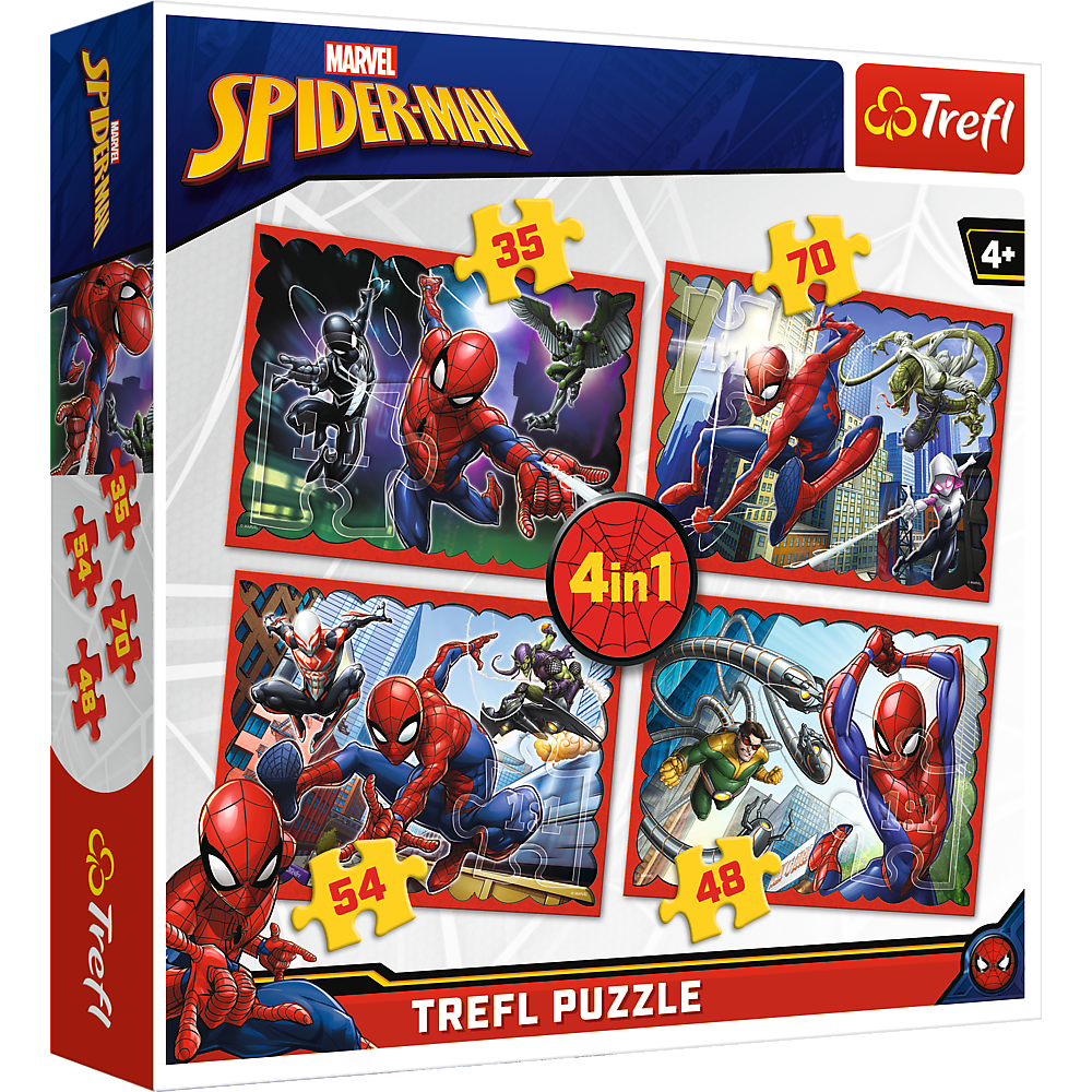 Set puzzle 4 in 1 Trefl Marvel Spider Man, Forta paianjenului, 1x35 piese, 1x48 piese, 1x54 piese, 1x70 piese