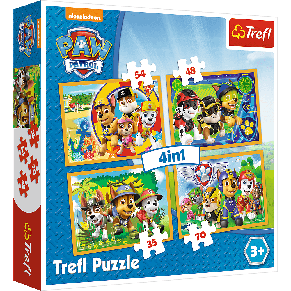 Set puzzle 4 in 1 Trefl Paw Patrol, Mereu punctual, 1x35 piese, 1x48 piese, 1x54 piese, 1x70 piese