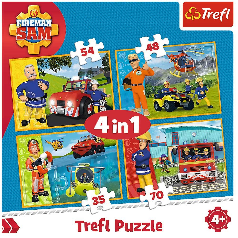 Set puzzle 4 in 1 Trefl Fireman Sam, Pompierul Sam in ajutor, 1x35 piese, 1x48 piese, 1x54 piese, 1x70 piese image 1