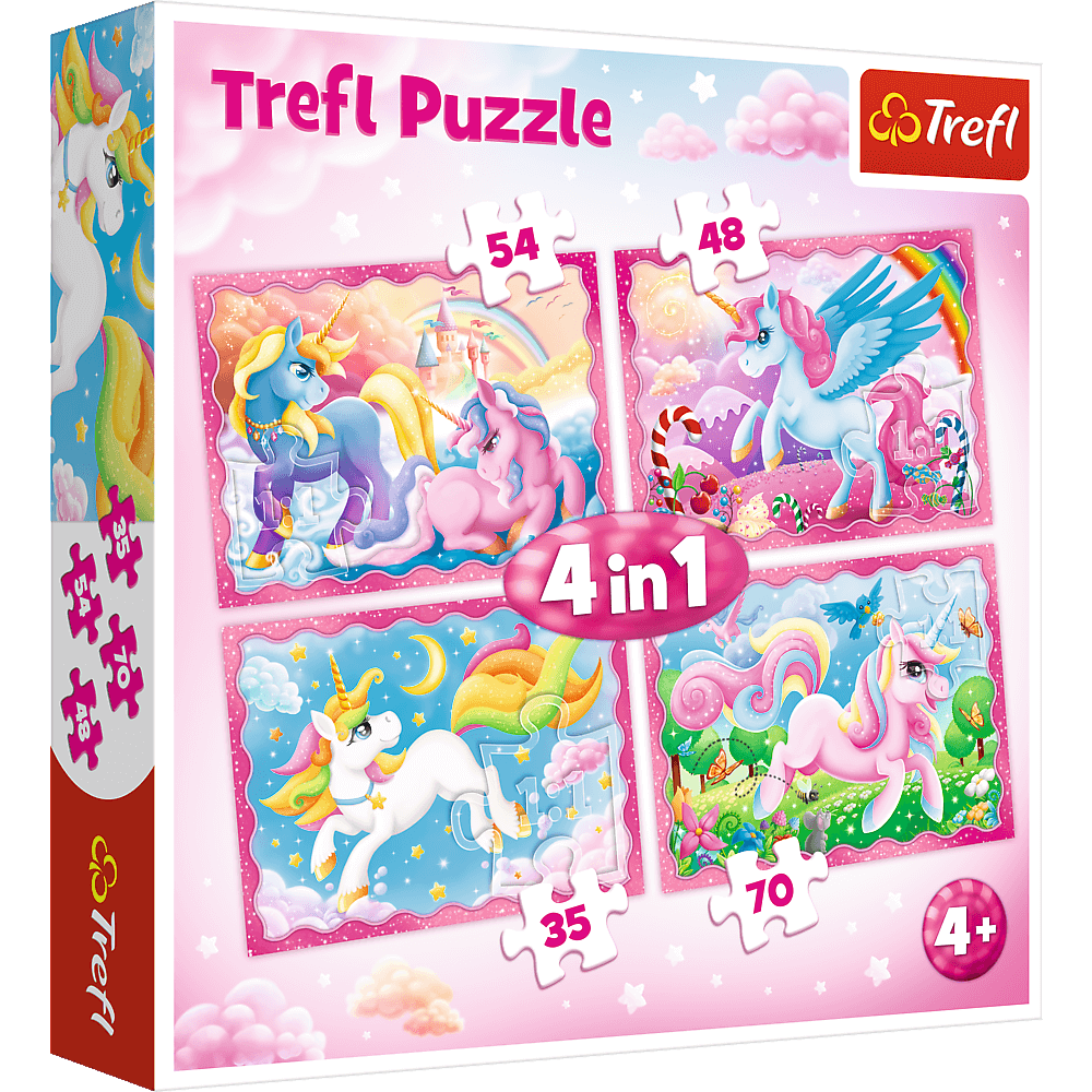 Set puzzle 4 in 1 Trefl Lumea magica a unicornilor, 1x35 piese, 1x48 piese, 1x54 piese, 1x70 piese