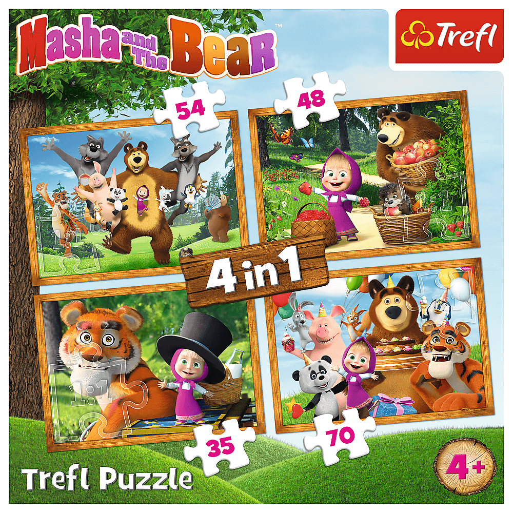 Set puzzle 4 in 1 Trefl Masha and the Bear, Aventurile lui Masha in padure, 1x35 piese, 1x48 piese, 1x54 piese, 1x70 piese image 5