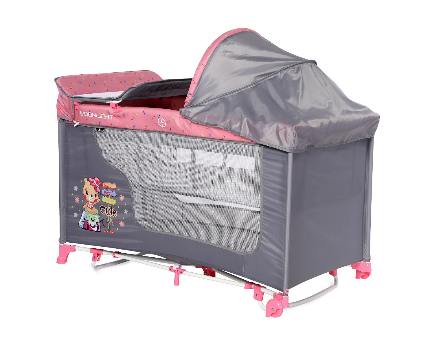 Patut pliabil, Moonlight Rocker, 2 nivele cu accesorii, Pink Travelling image 1