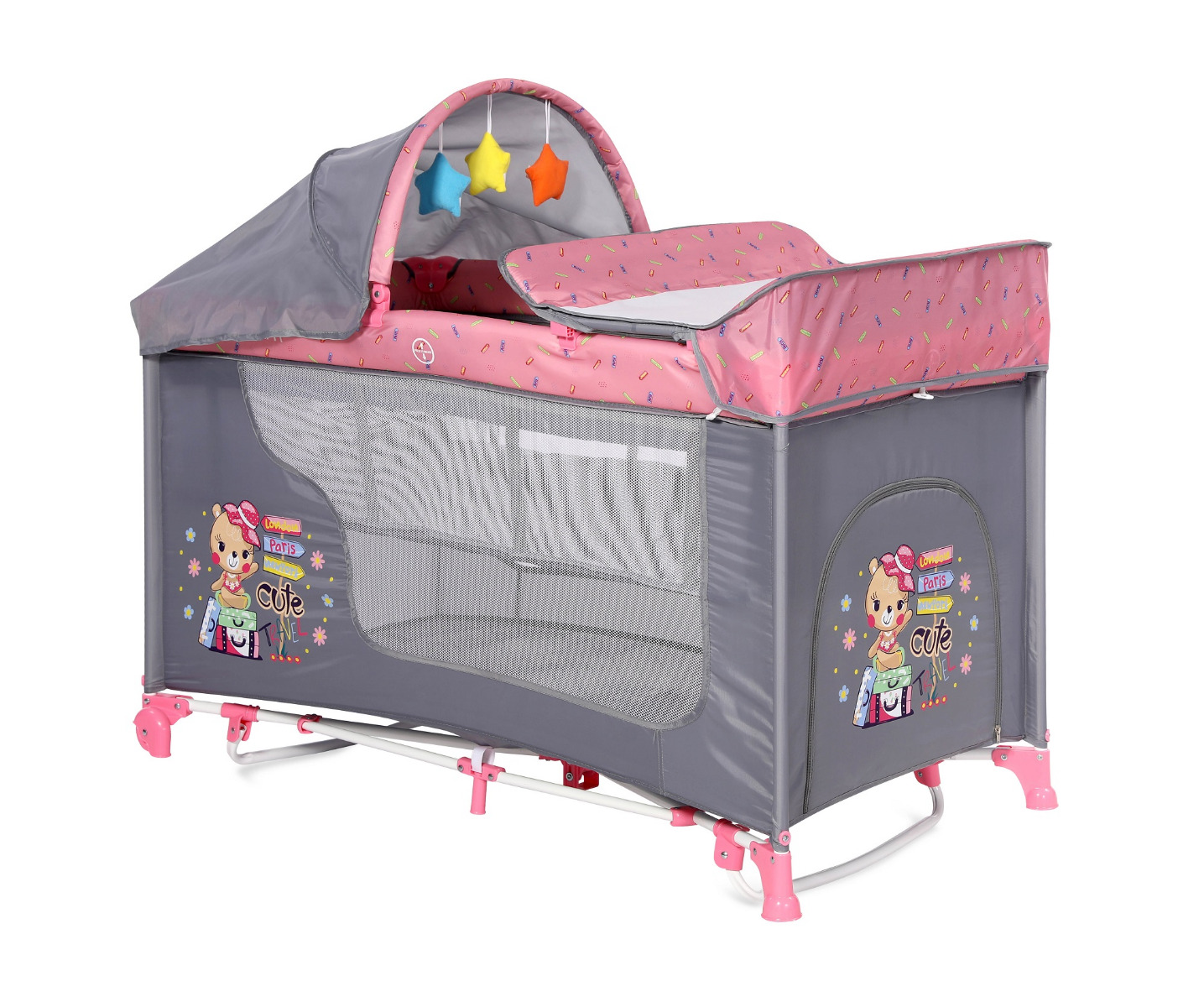 Patut pliabil, Moonlight Rocker, 2 nivele cu accesorii, Pink Travelling image 2
