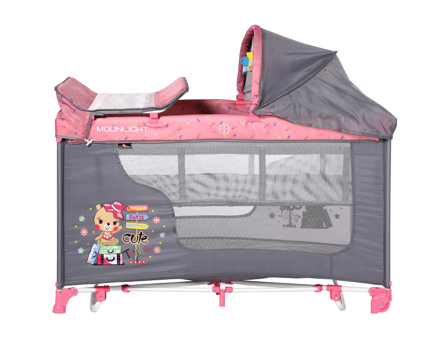 Patut pliabil, Moonlight Rocker, 2 nivele cu accesorii, Pink Travelling image 3