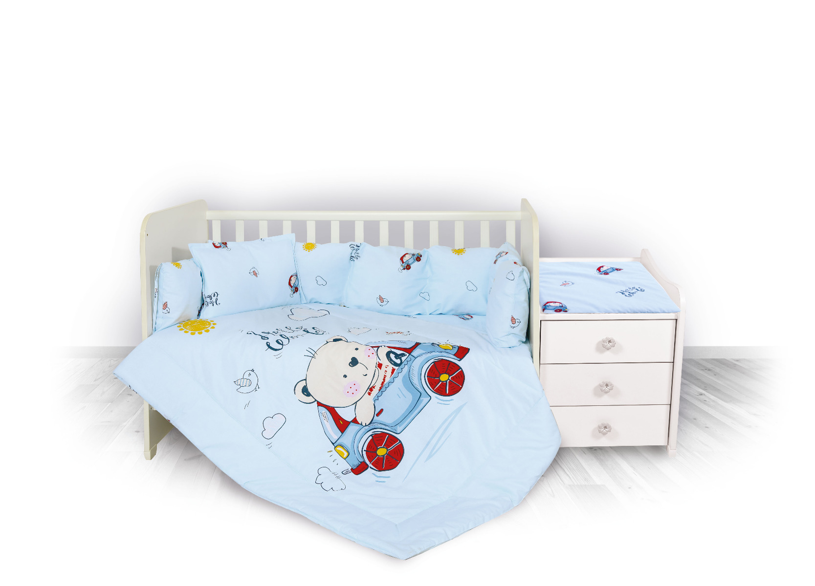 Set lenjerie pat 8 piese, bumbac ranforce, Trend, Bear & Car Blue