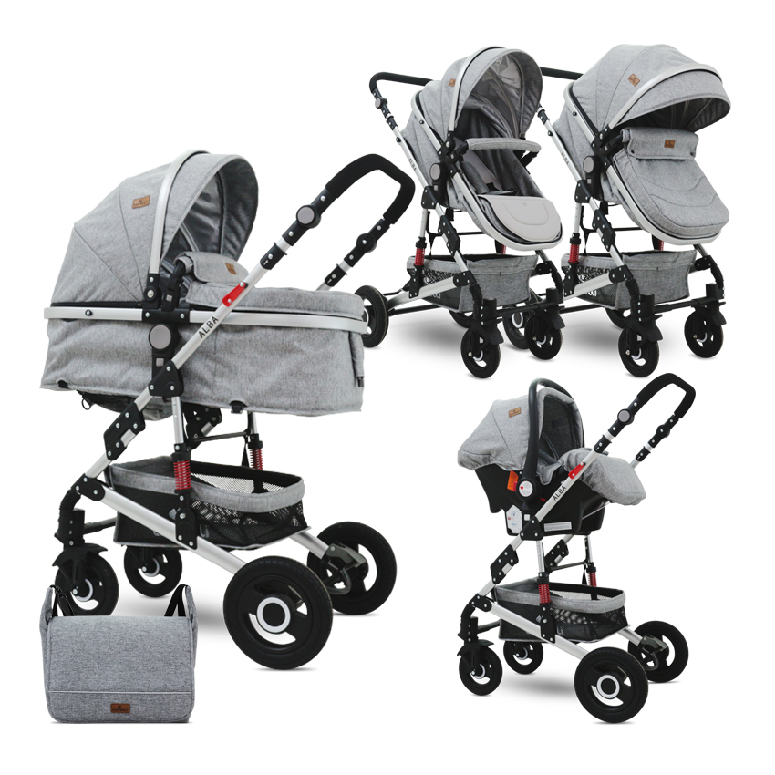 Carucior transformabil 3 in 1, Alba, cos auto inclus, roti cauciuc, Light Grey