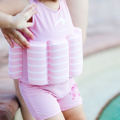 Costum inot copii cu sistem de flotabilitate ajustabil pink stripe 4-5 ani image 1