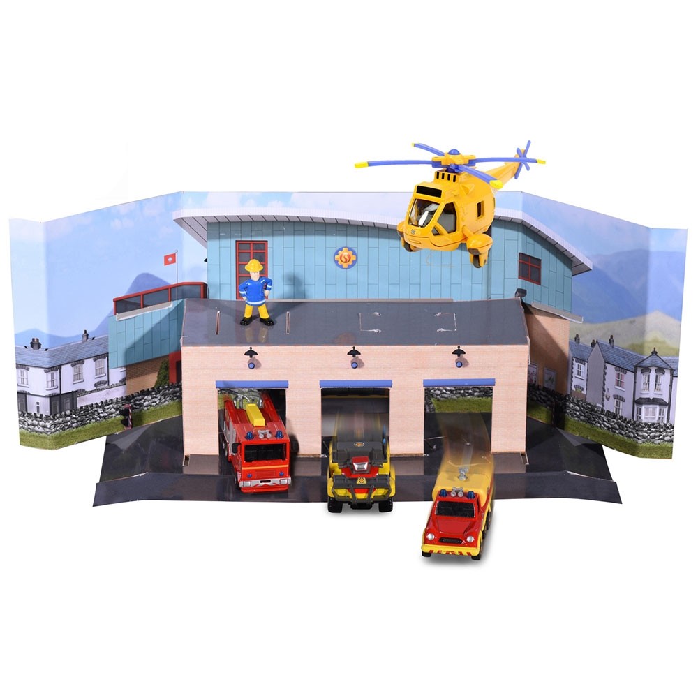 Pista de masini Dickie Toys Fireman Sam, Sam Fire Rescue Team cu 3 masinute, 1 elicopter si 1 figurina