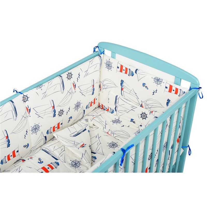 BabyNeeds - Lenjerie patut 5 piese 120x60 cm, Navigatorii, Alb-Albastru