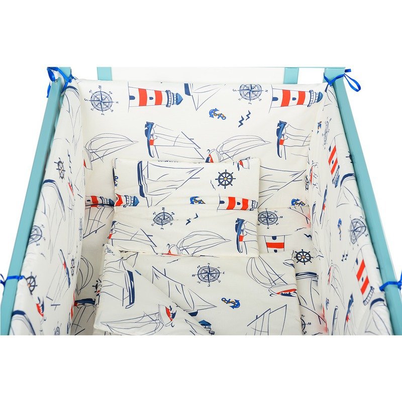 BabyNeeds - Lenjerie patut 5 piese 120x60 cm, Navigatorii, Alb-Albastru image 4