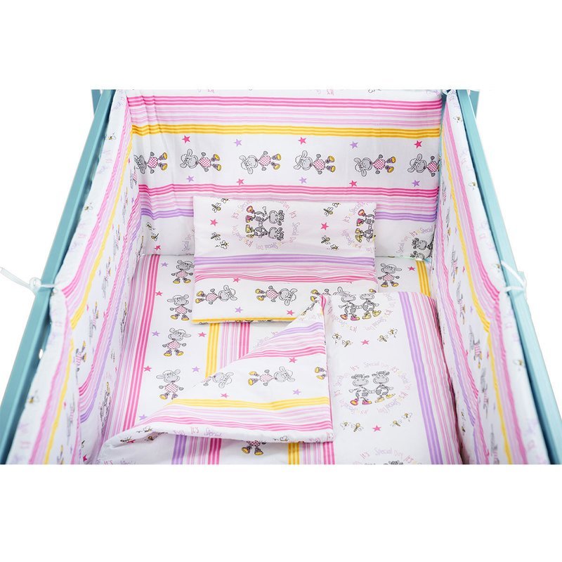 BabyNeeds - Lenjerie patut 5 piese 120x60 cm, Oita vesela, Roz image 4