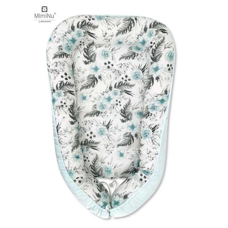 MimiNu - Cosulet bebelus pentru dormit, Baby Cocoon 90x50 cm, Ice mint/Mint flowers