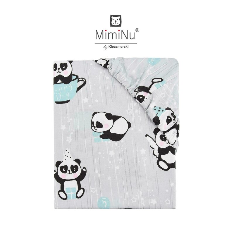 MimiNu - Cearceaf cu elastic, 120X60 cm, Panda happy day Mint