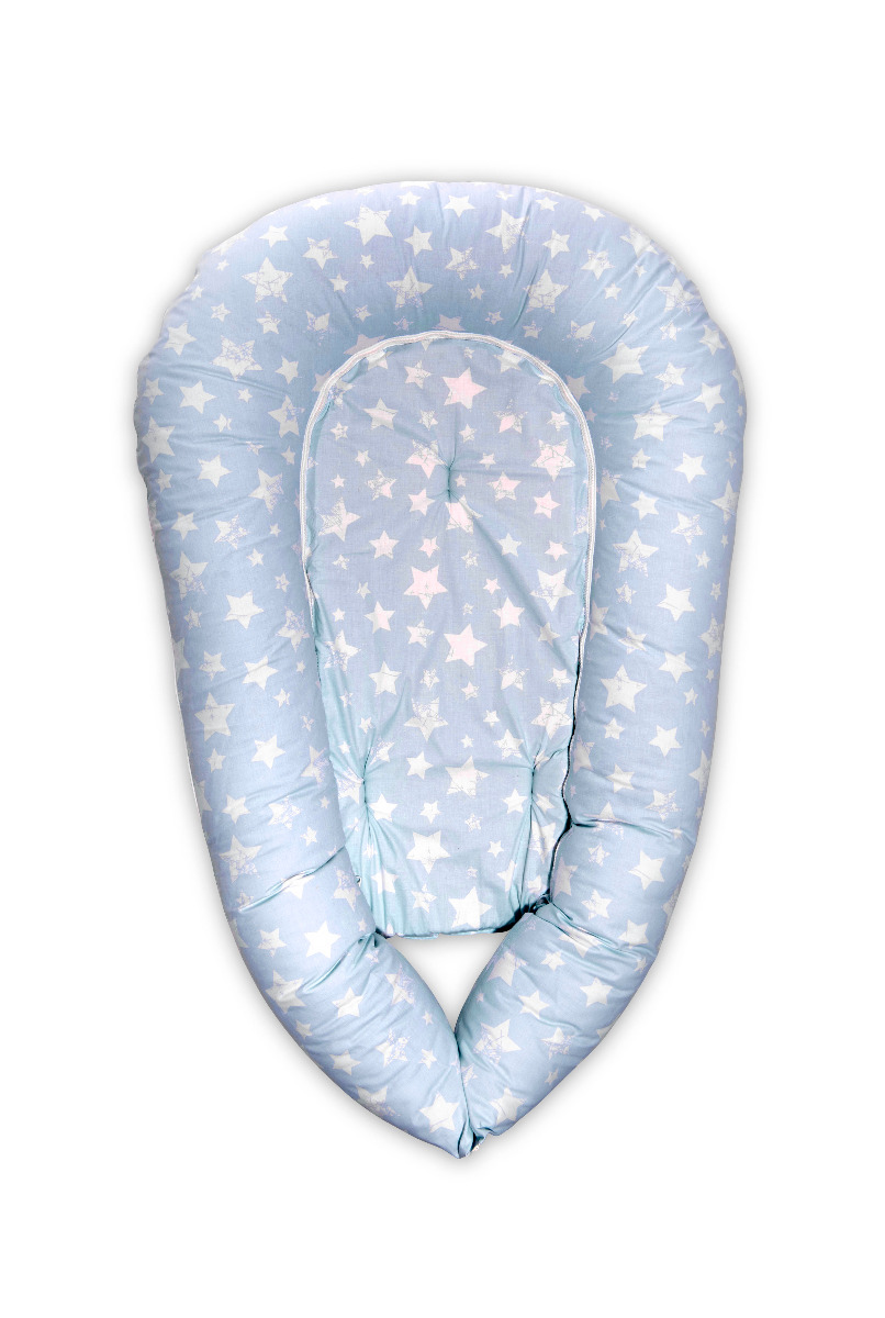 Baby Nest 3 in 1, 110 x 70 x 15 cm, husa bumbac ranforce, Blue Stars