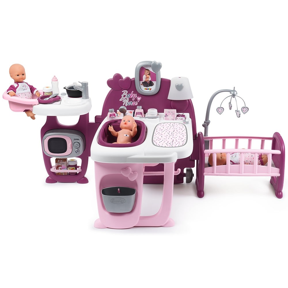 Centru de ingrijire pentru papusi Smoby Baby Nurse Doll`s Play Center mov cu 23 accesorii