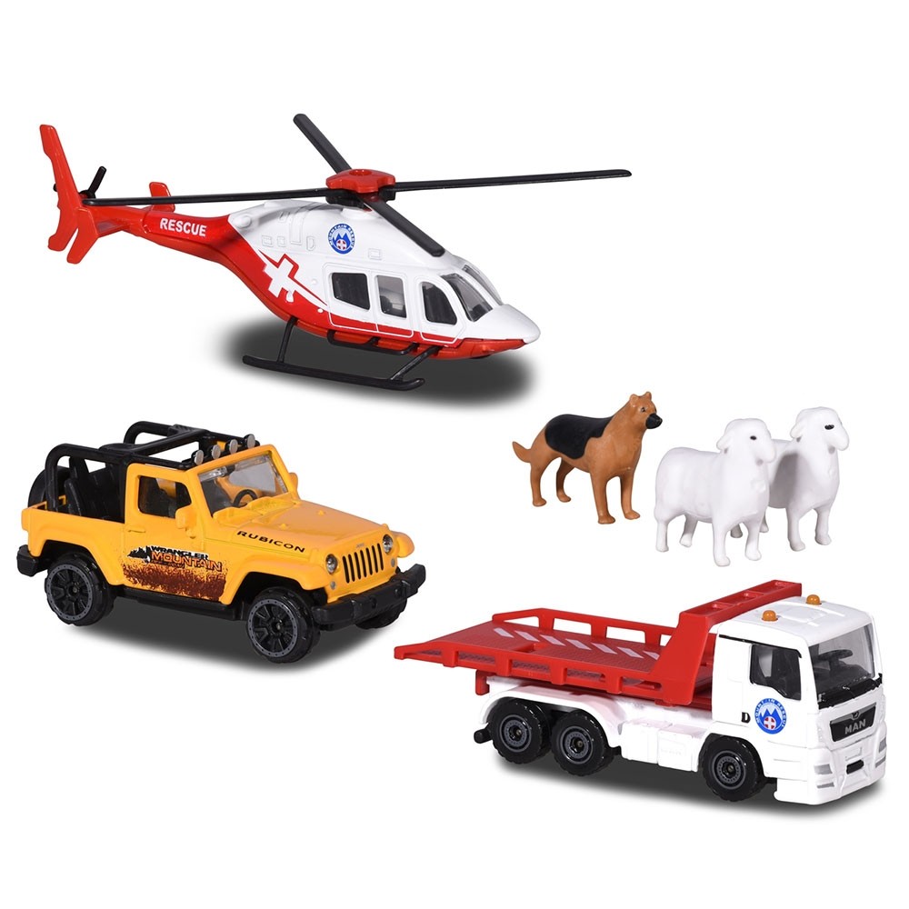 Set Majorette Diorama Mountain Rescue cu 2 masinute, 1 elicopter si 3 figurine