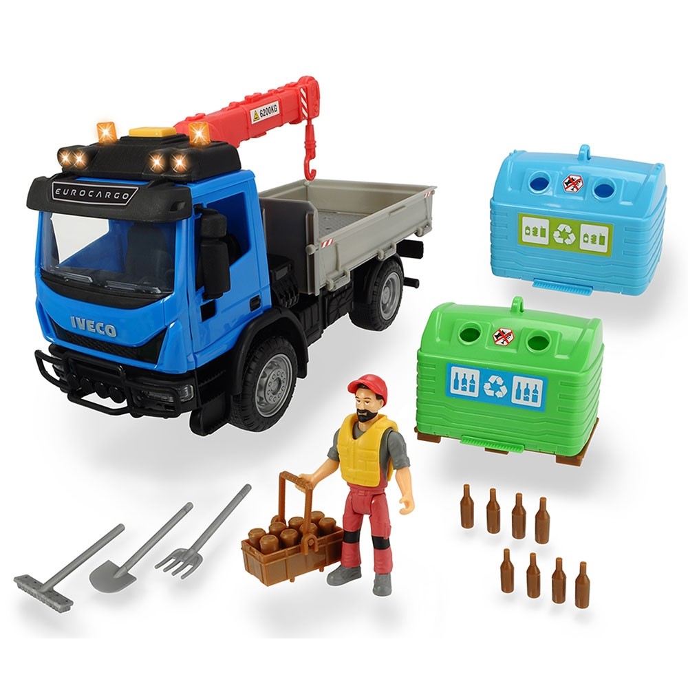 Camion Dickie Toys Playlife Iveco Recycling Container Set cu figurina si accesorii