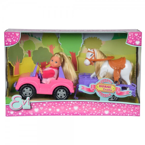 Papusa Simba Evi Love 12 cm Evi Horse Trailer cu masina, trailer si calut image 2