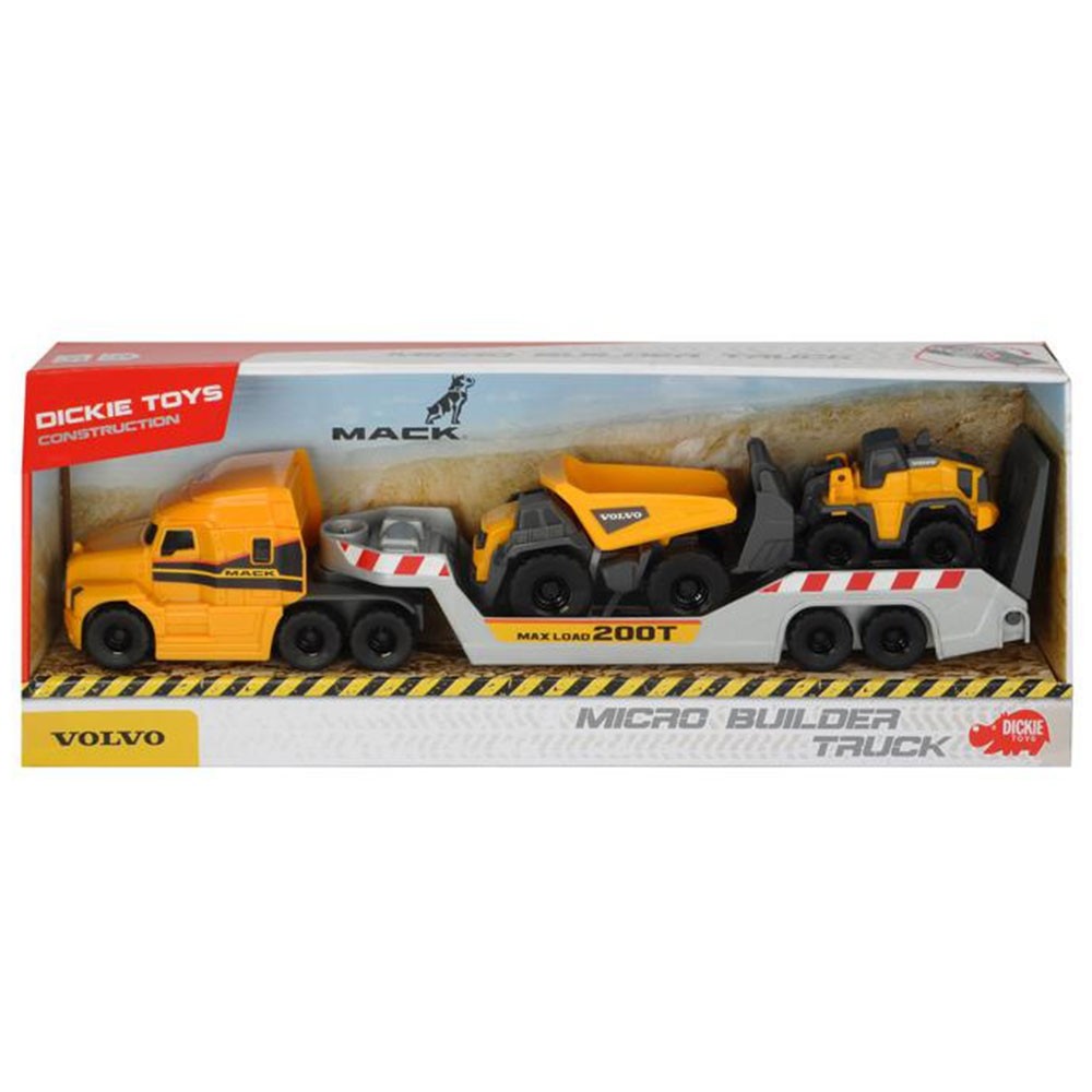 Camion Dickie Toys Mack Volvo Micro Builder cu remorca, buldozer si camion basculant