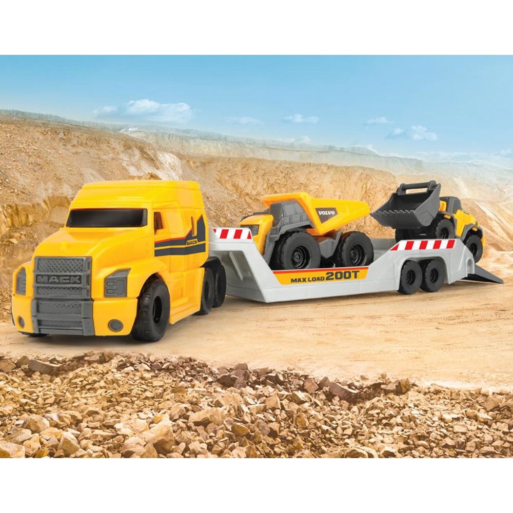 Camion Dickie Toys Mack Volvo Micro Builder cu remorca, buldozer si camion basculant image 1