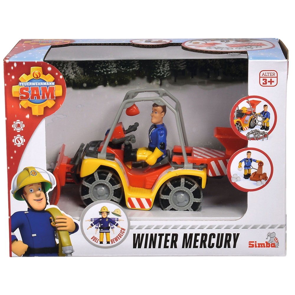 ATV Simba Fireman Sam, Sam Mercury Snow Quad cu lama de zapada, figurina Sam si accesorii