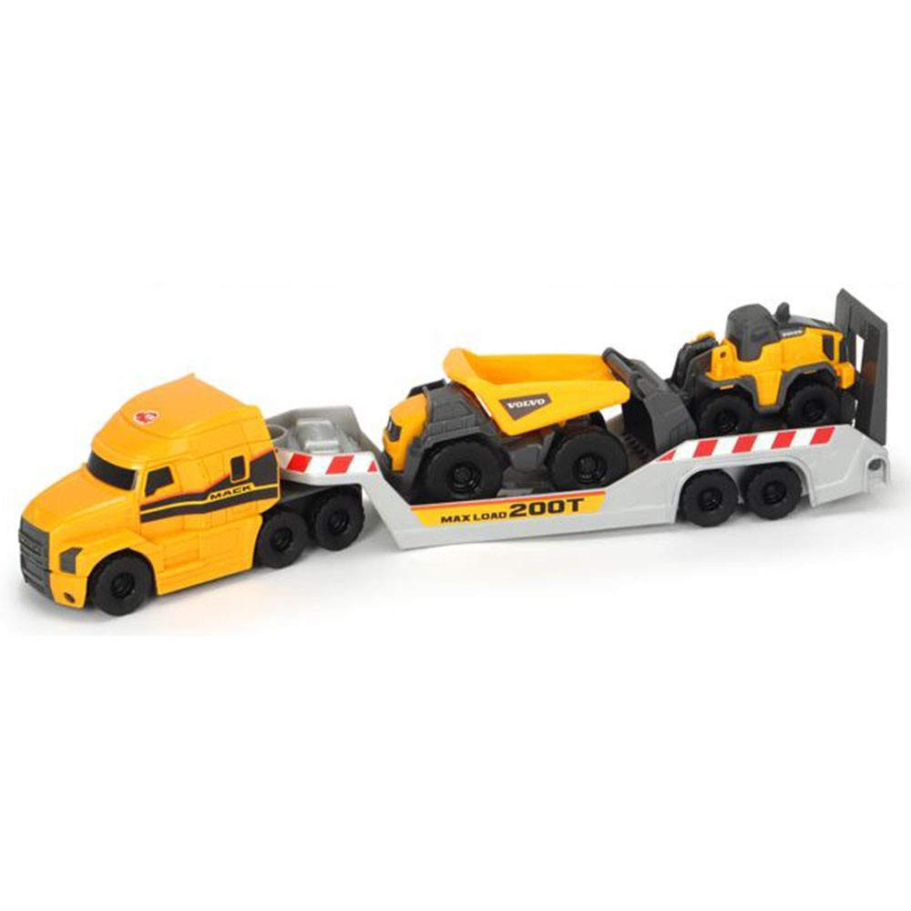 Camion Dickie Toys Mack Volvo Micro Builder cu remorca, buldozer si camion basculant image 6