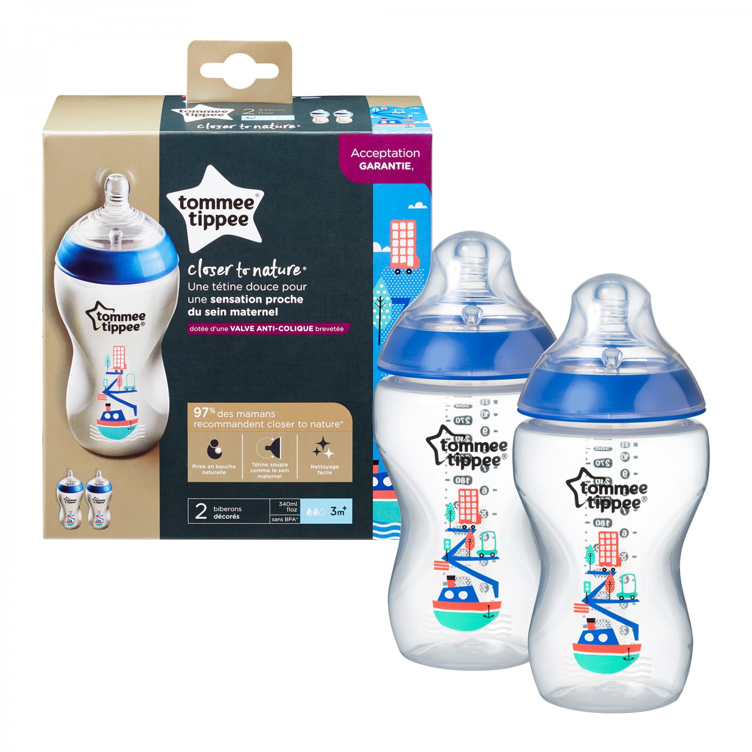 Biberon decorat Tommee Tippee, 340 ml, 2 buc, baieti