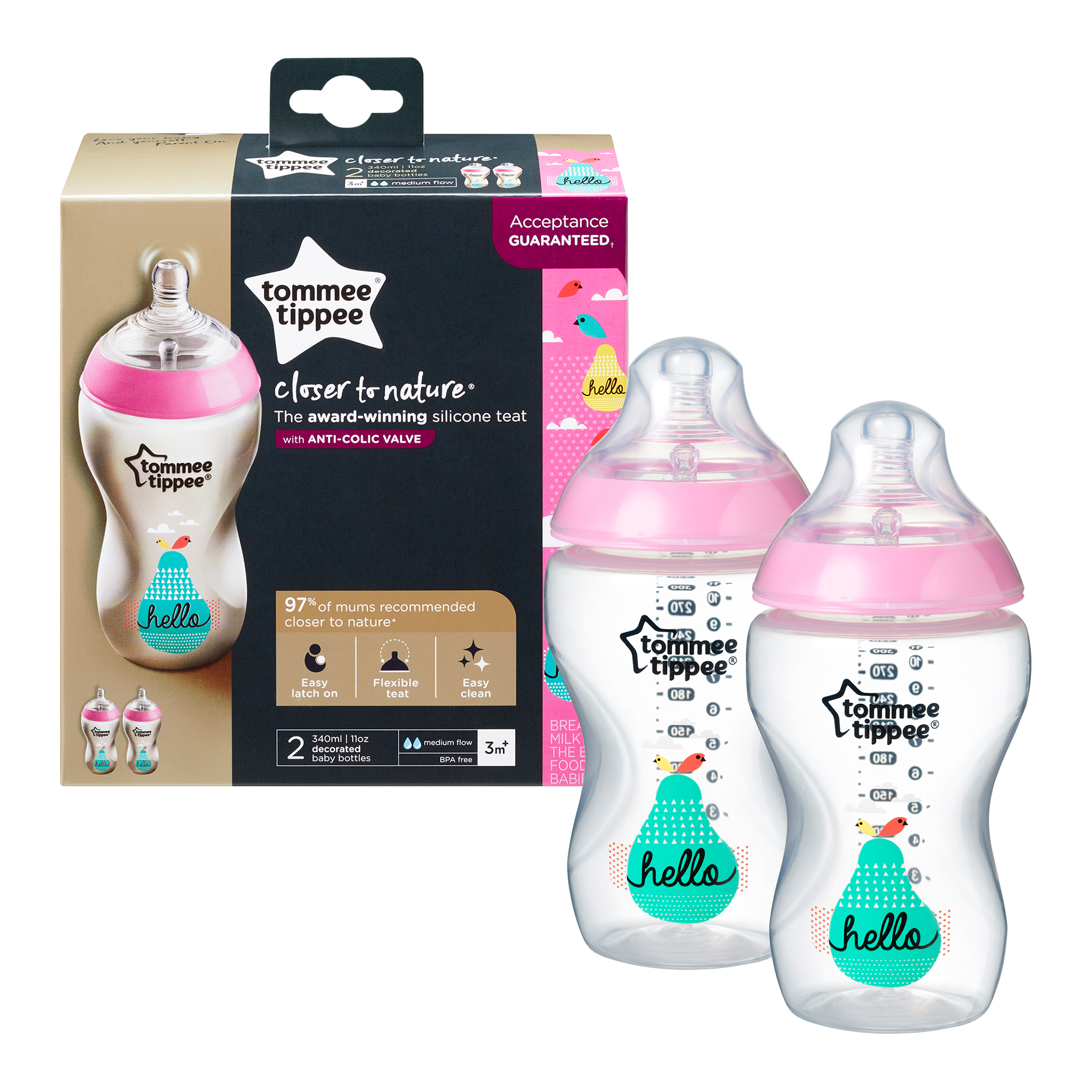 Biberon decorat Tommee Tippee, 340 ml, 2 buc, fete