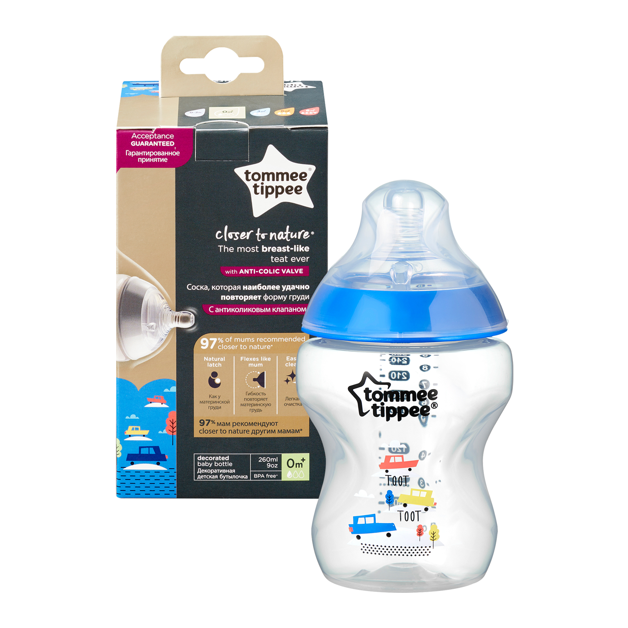 Biberon decorat Closer to Nature, bleu, 260 ml, 1 buc, Tommee Tippee