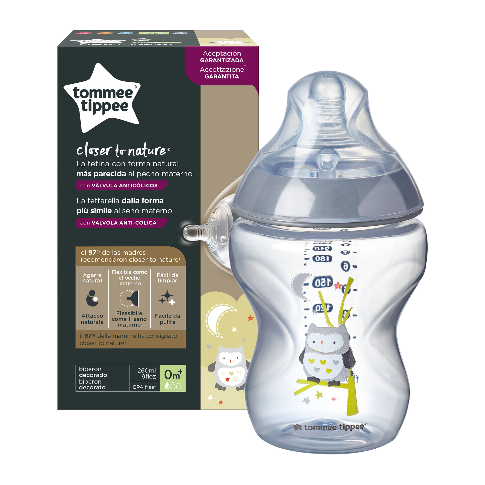 Biberon Tommee Tippee Closer to Nature, 260 ml, PP, Bufnita, 0 luni +, 1 buc