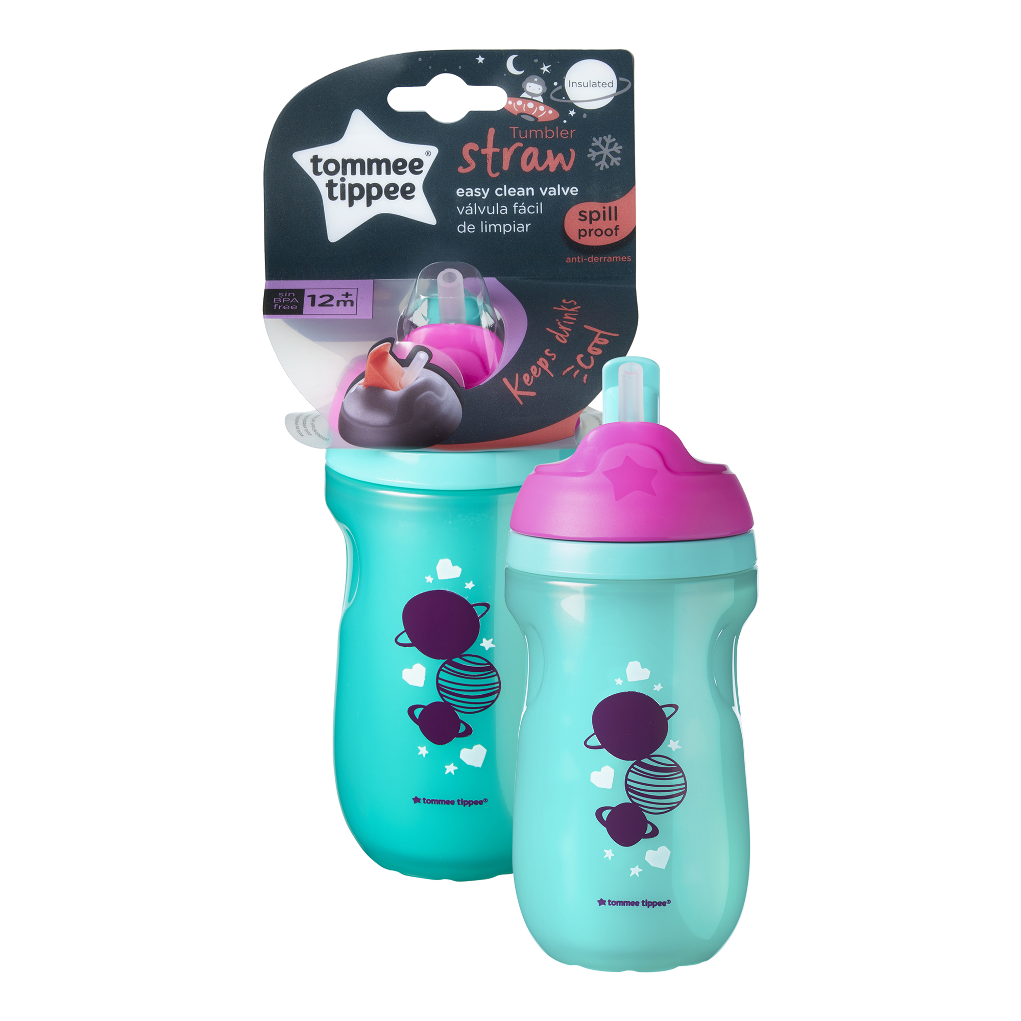 Cana cu pai izoterma,Tommee Tippee, 260 ml x 1 buc, 12 luni+, Roz / Turquoise