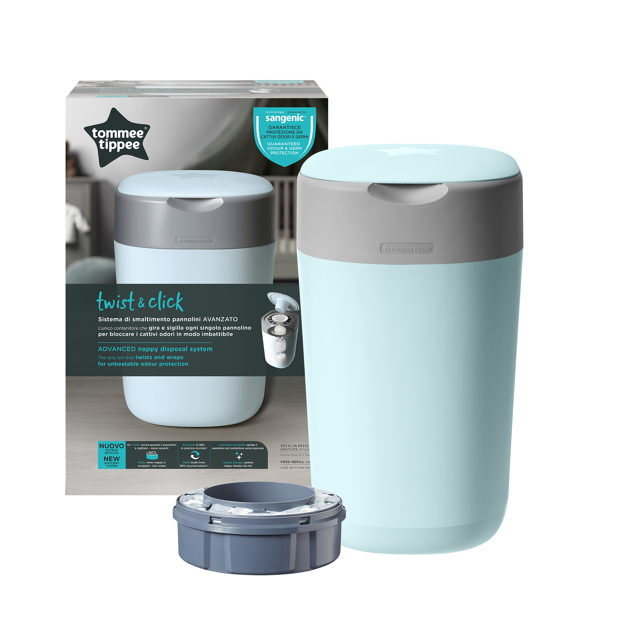 Cos pentru scutece Tommee Tippee Sangenic Twist and Click, Albastru/Gri