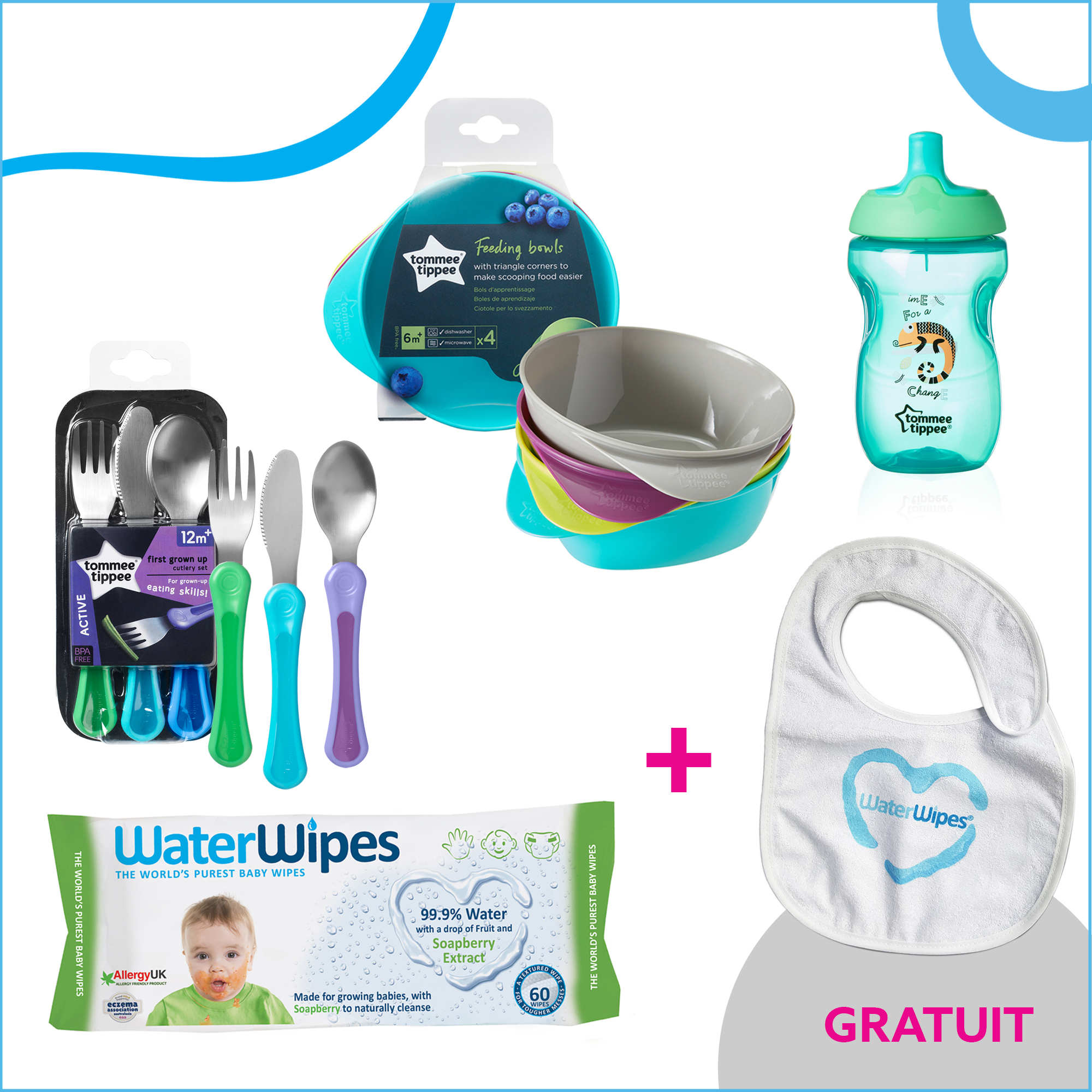 Pachet PROMO Tommee Tippee & WaterWipes TTWW3 + baveta GRATUIT