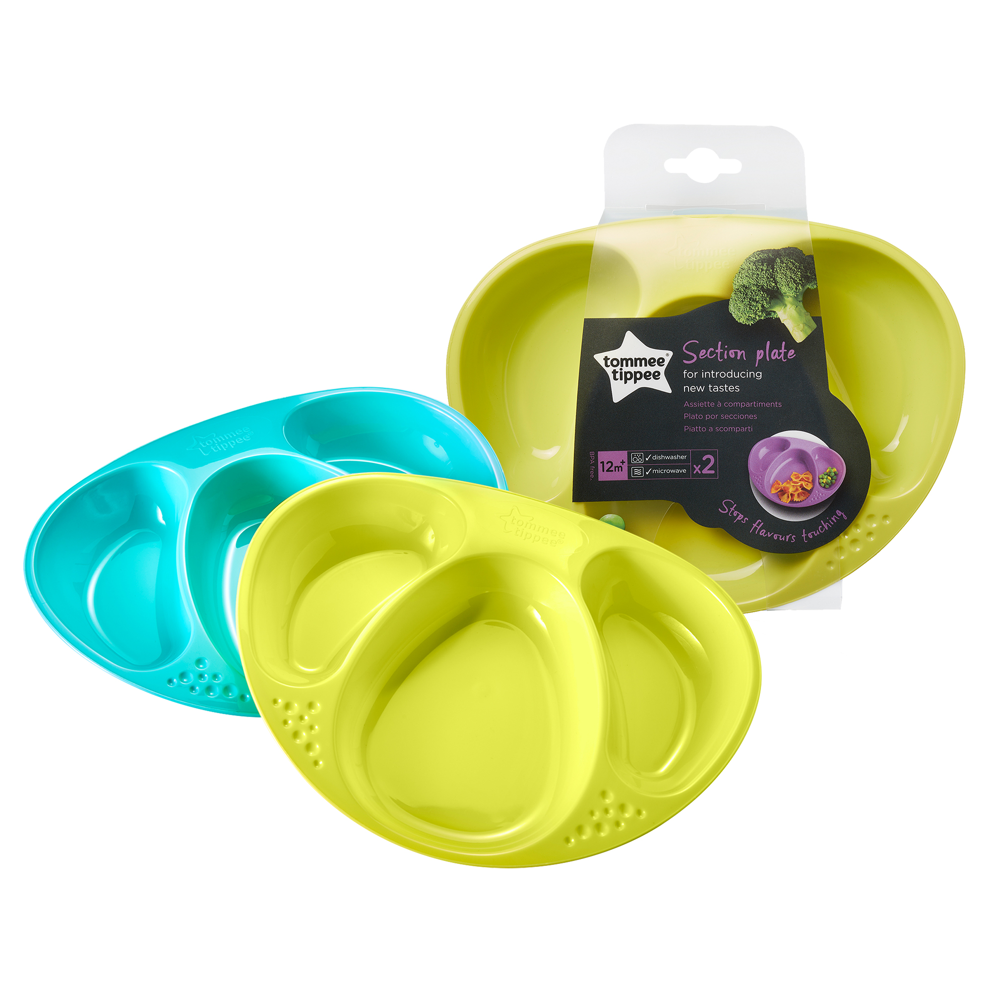 Set Farfurii Compartimentate Explora, Tommee Tippee, 2 buc, Turquoise / Galben