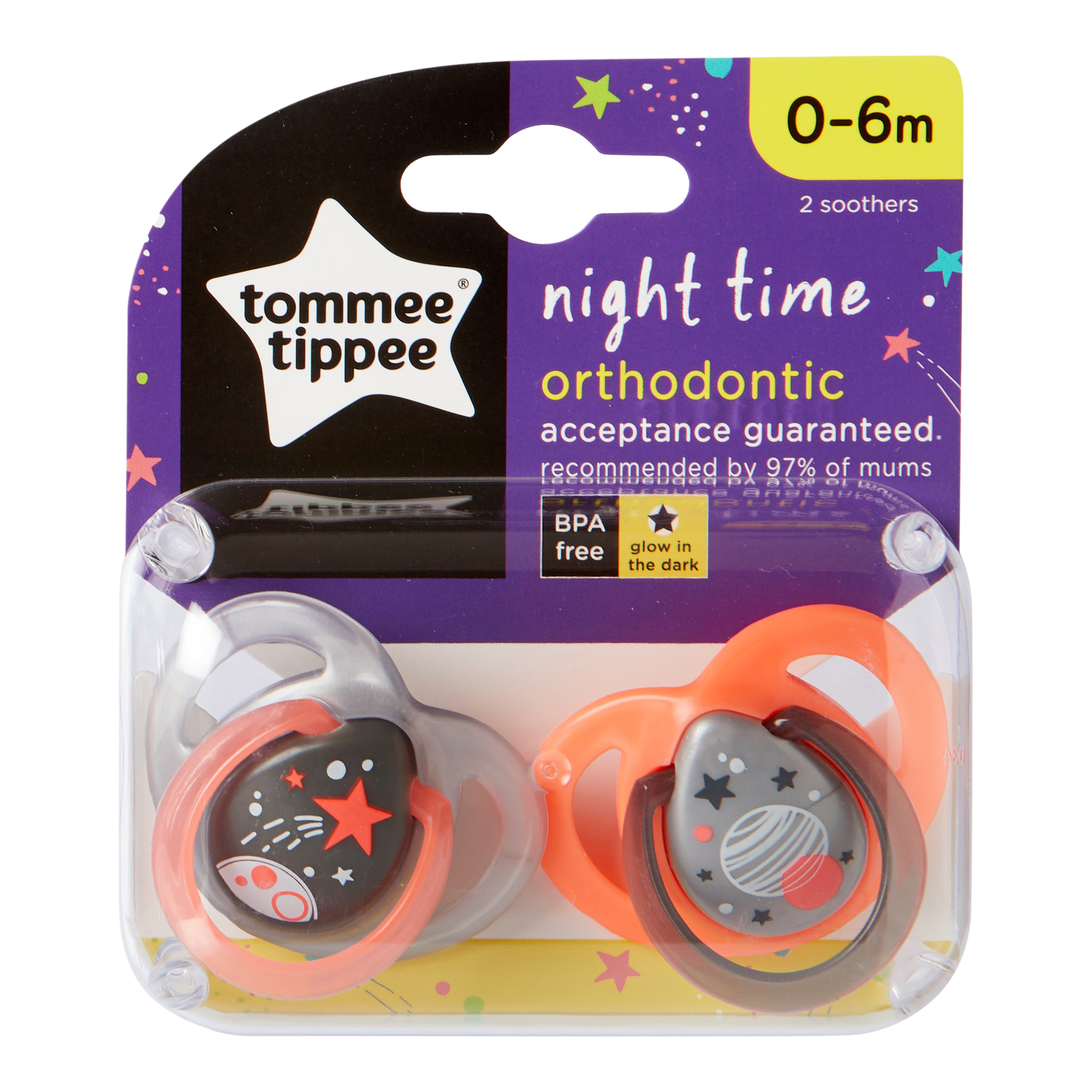 Set Suzete Ortodontice de Noapte, Tommee Tippee, 0 - 6 Luni, 2 buc, Gri / Portocaliu image 1