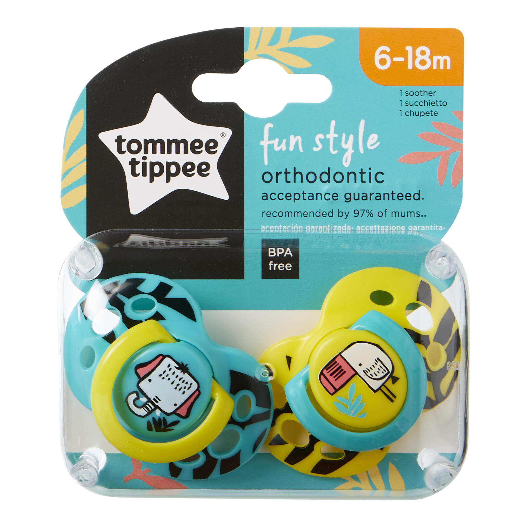 Set Suzete Ortodontice de Zi FUN, Tommee Tippee, 6-18 Luni, 2 buc, Elefant / Pasare