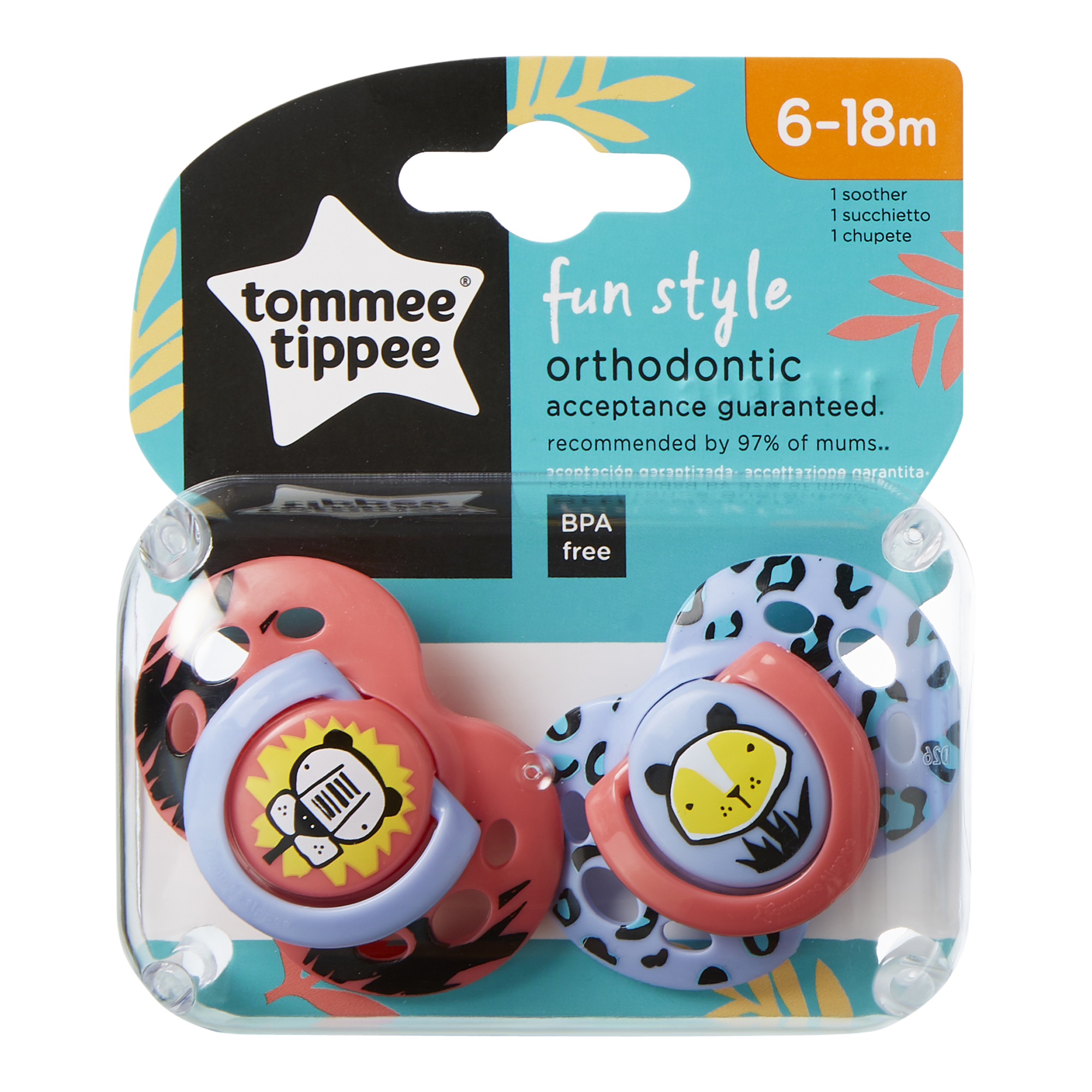 Set Suzete Ortodontice de Zi FUN, Tommee Tippee, 6-18 Luni, 2 buc, Tigru roz / Tigru lila