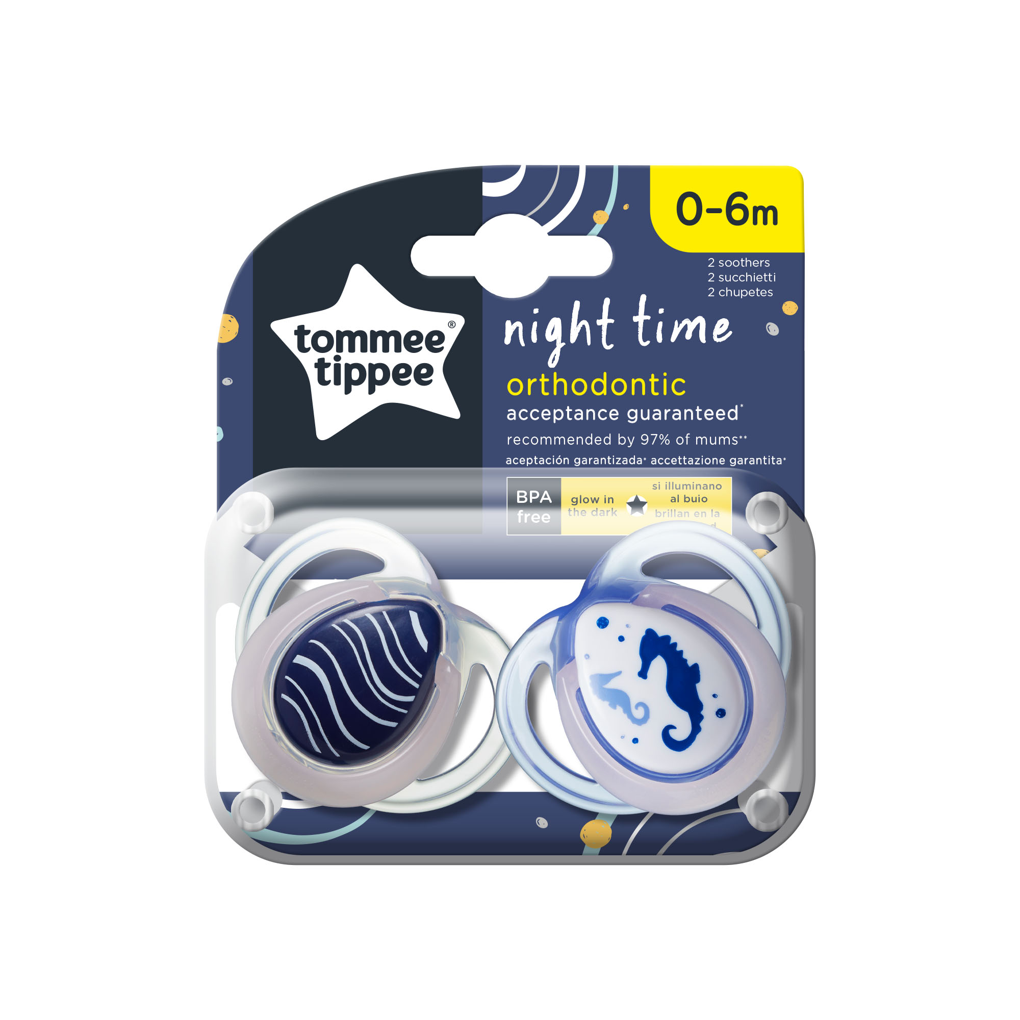 Suzeta ortodontica de noapte Tommee Tippee, 0-6 luni, Calut de mare, 2 buc